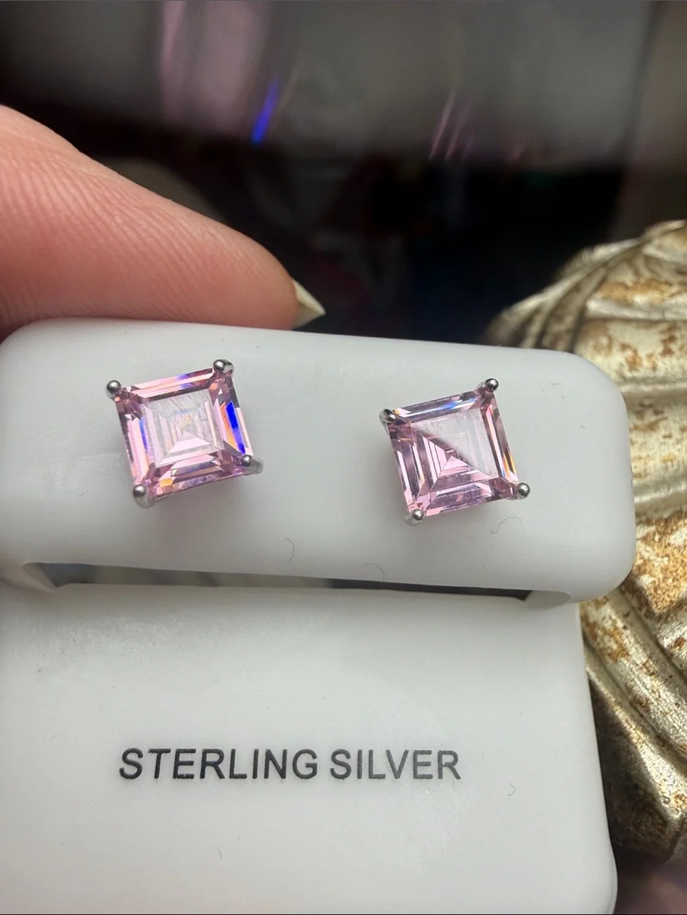 925 Sterling Silver Princess Cut Pink Gemstone  Stud Earrings NEW STUNNING